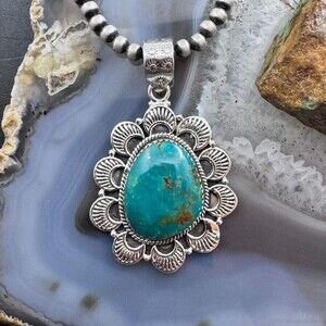 Sterling Silver Southwestern Style Large Turquoise Decorated Pendant For Women 5